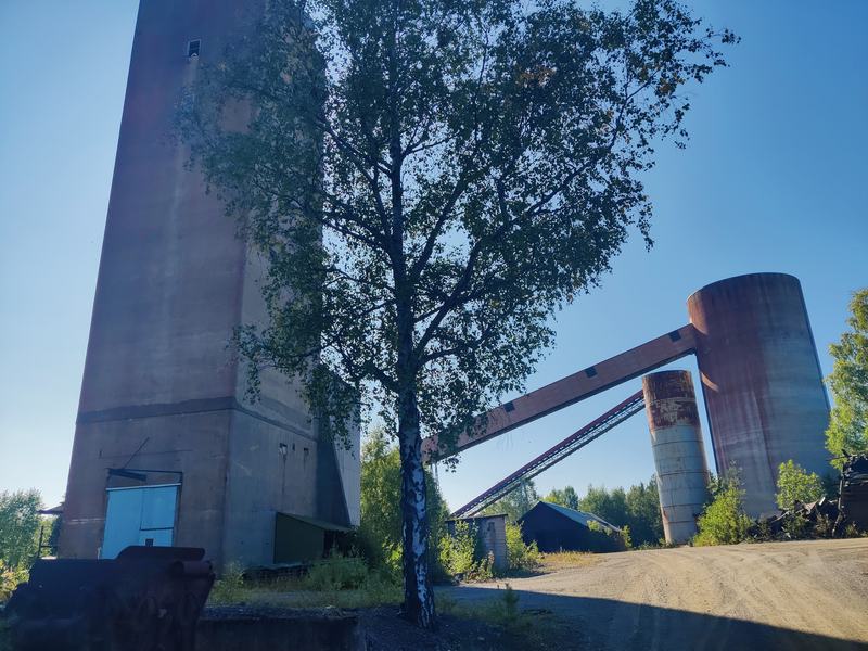Concrete headframe tower, conveyor gantries and two silos behind a birch tree at Yxsjoberg.